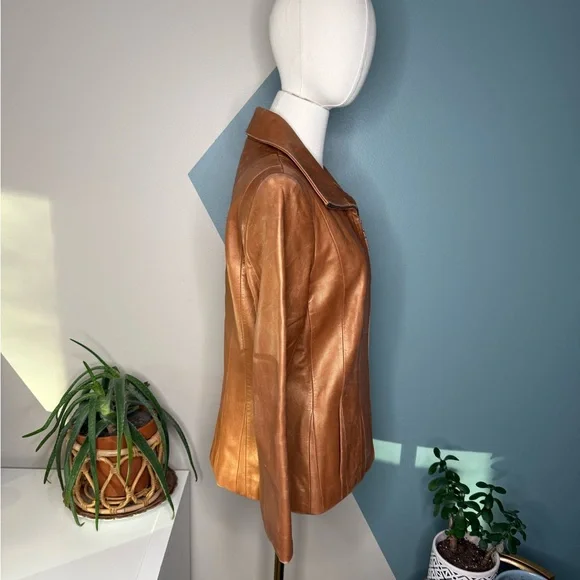 Jones New York Cognac Leather Jacket M Fitted Y2K Zip Tailored Caramel Blazer - Picture 7 of 14